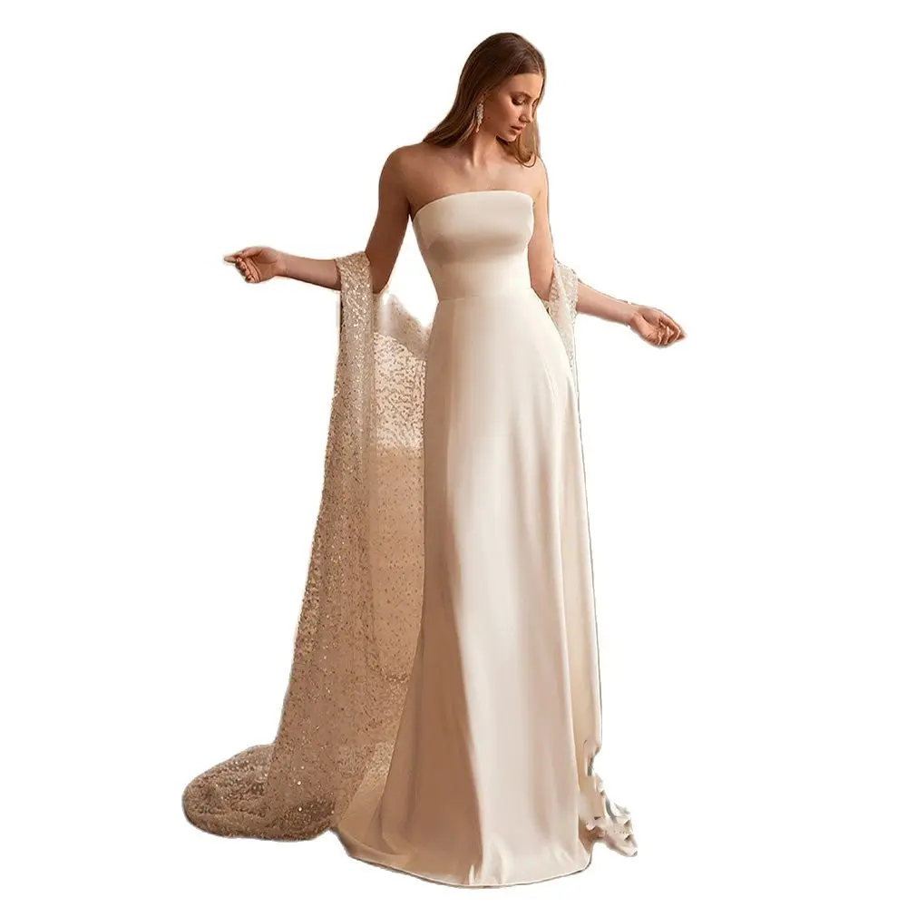Ivory Sleeveless Mermaid  Wedding Dresses Jersey Glitter Cape Custom Made Strapless Sheath Simple Bridal Gowns White Elegant