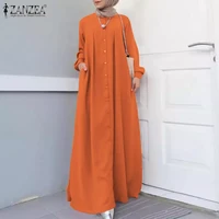 zanzea vintage hijab muslim dress autumn women maxi long dress long sleeve buttons sundress casual islamic clothing caftan robe
