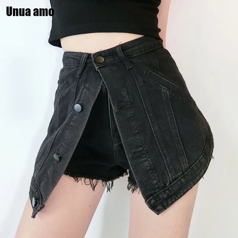 High Waisted Shorts Jeans Summer Women's Denim Shorts Chic Fake 2 Piece Single Breasted Wide Leg Skirt Pants Short Culottes