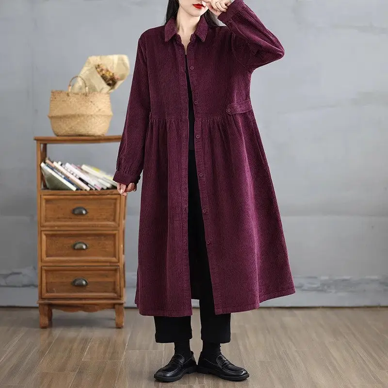 Женская Вельветовая длинная однобортная Повседневная Свободная верхняя одежда