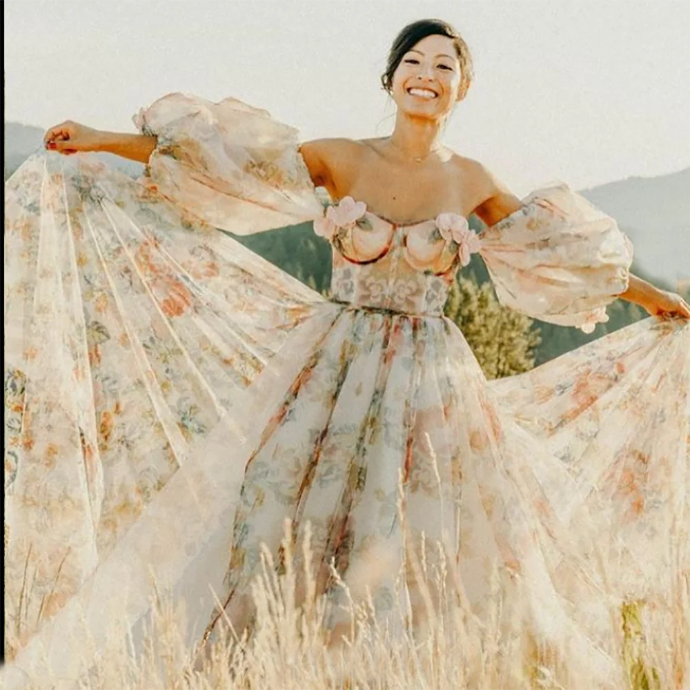 

Съемное свадебное платье для фотосъемки с полурукавами-фонариками трапециевидного силуэта с открытыми плечами и цветочным принтом коктейльные платья принцессы для выпускного вечера