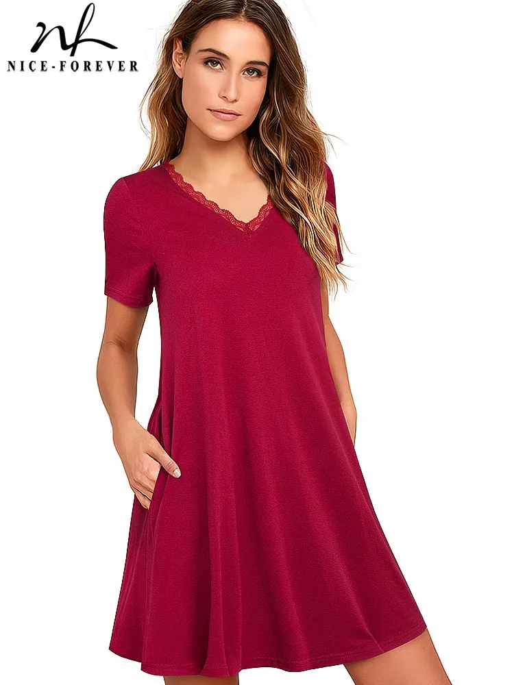 

Nice-forever Summer Women Classy Solid Red Color Dresses Casual Shift Loose Day Dress T025