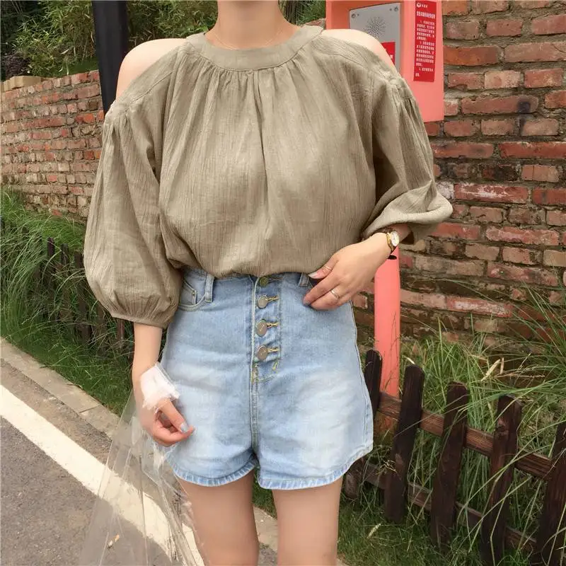 

Женская блузка с открытыми плечами VONDA, весенне-Летняя ажурная блузка с рукавом 3/4, шифоновые рубашки, повседневные блузки, топы, рубашки бол...