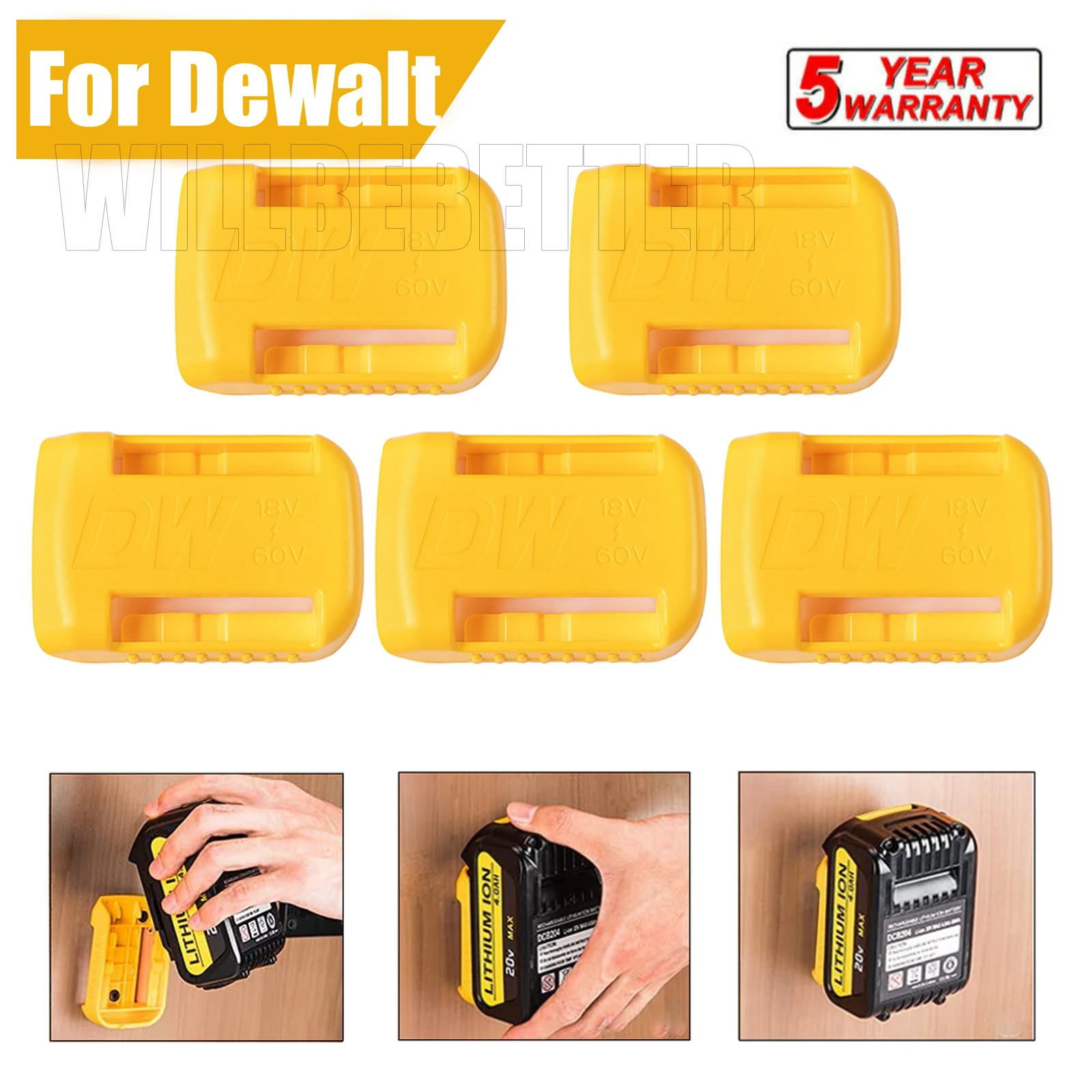 

5 pcs for Dewalt 18V 20V 60V Battery Holder Wall Storage Mounts Stander Mount Display Hanger Dock Battery Belt Buckle yellow