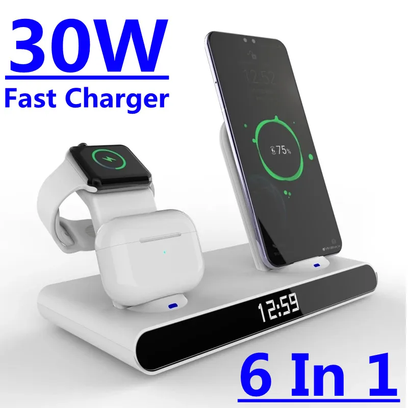 

The Car Households Are Two -port USB2.4A Travel Ca 6 in 1 30W Fast Wireless Charger Clock Pad for iPhone 13 12 11 Pro Wireless