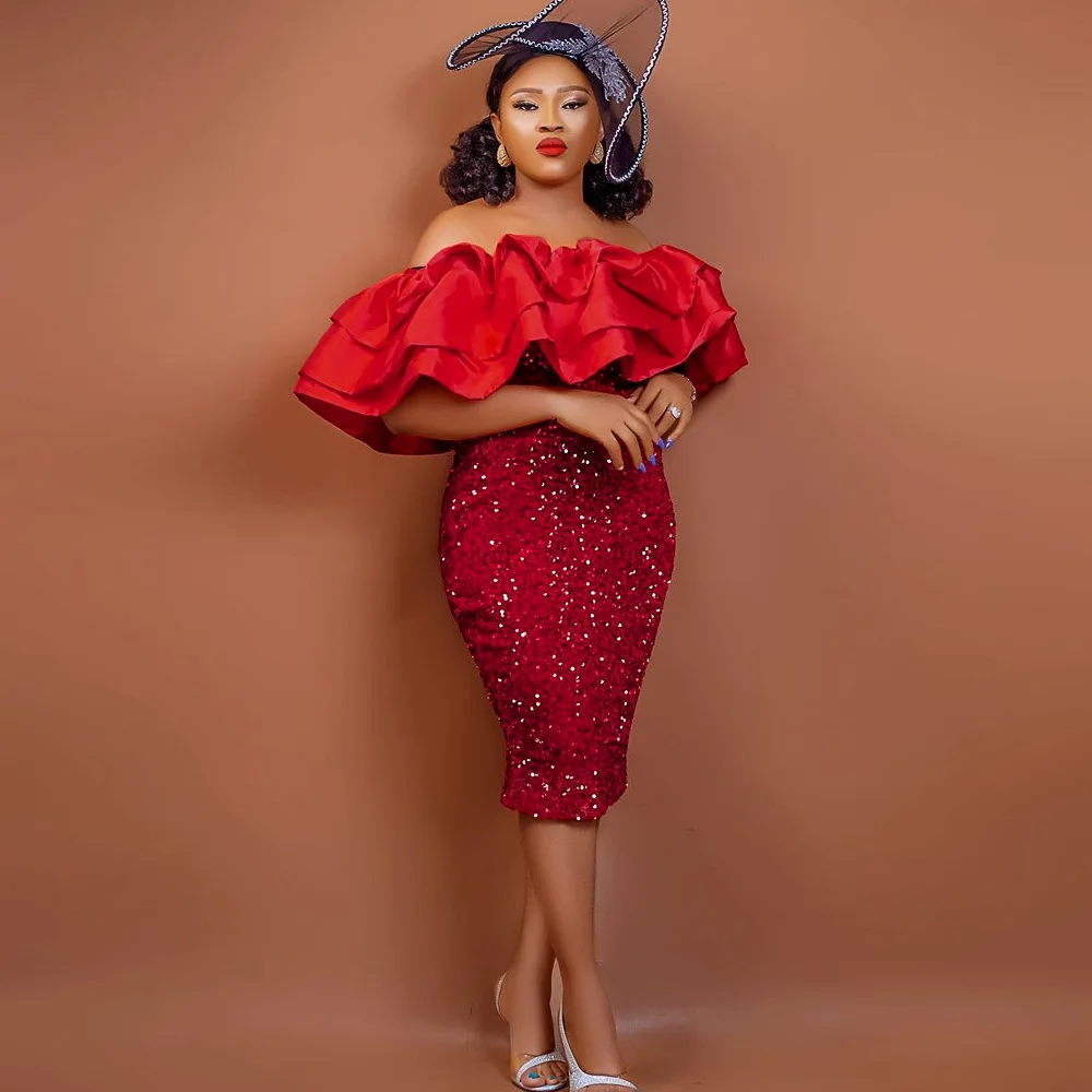 

Elegant Women Sequin Red Dress Velvet Off Shoulder Chest Wrap Rufles Glitter Dresses Bodycon Party