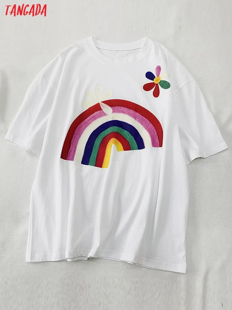 

Tangada 2022 Summer Women Rainbow Print Oversized Cotton T Shirt Short Sleeve O Neck Tees Ladies Casual Top XLJ12