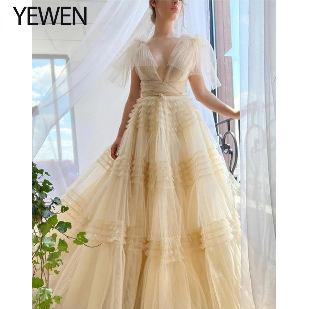 

Plus Size Ruffles Evening Dresses Short Sleeve A-Line Double V-Neck Elegant Tulle Party Gowns Abiye Gece Elbisesi