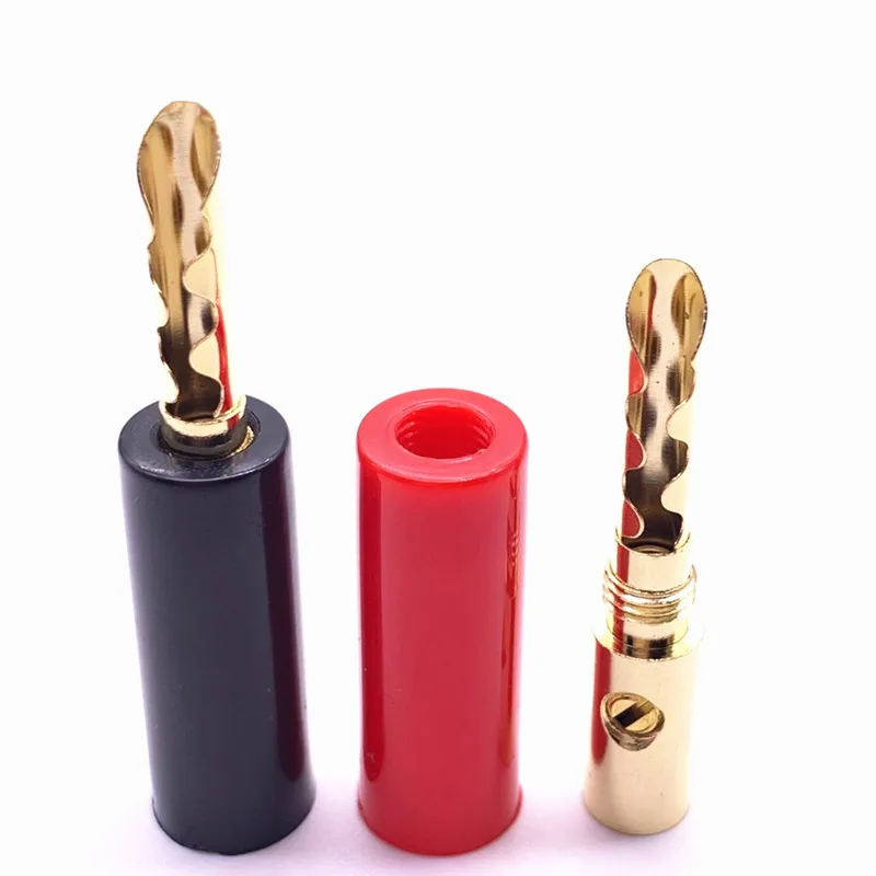 

4pcs Red and black rubber shell serrated gold plated banana plug Gold plated banana head serrated banana plug Audio 4MM plug