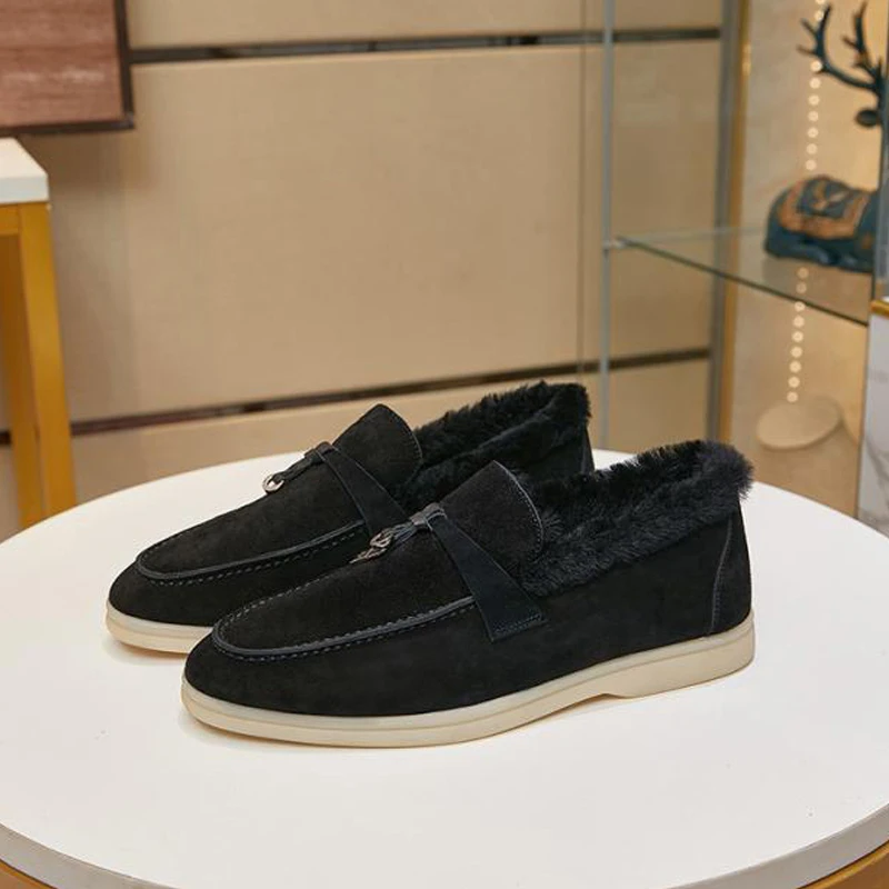 Luxury Wool Warm and Plush Snow Leather Loafers Shoes for Women  Spring and Autumn Casual Shoes Comfortable Walking Shoes