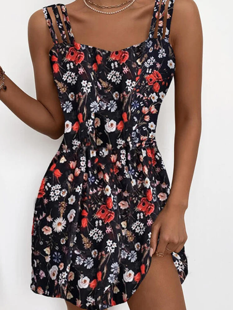 

Bohemian Floral Print Vintage Mini Dress Sexy Sling Off Shoulder Sleeveless Club Women Dress New Summer Casual Wrap Beach Dress