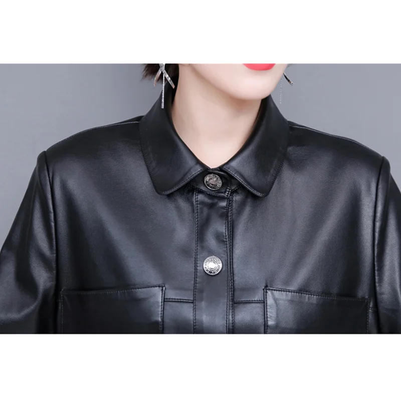 Autumn Winter Long Casual Genuine Leather Jacket Women New Fashion Streetwear Slim Sheepskin Coat Black Female Clothing Tops