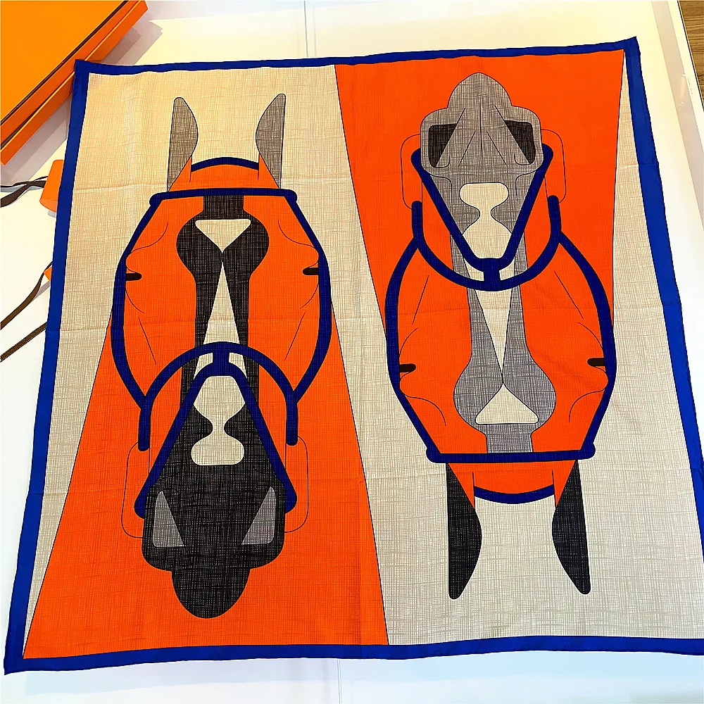 

Luxury Brand Twill Silk Large Scarf Women Color Matching Horse Printed Headband Square Shawl Fashion Scarves Muslim Hijab