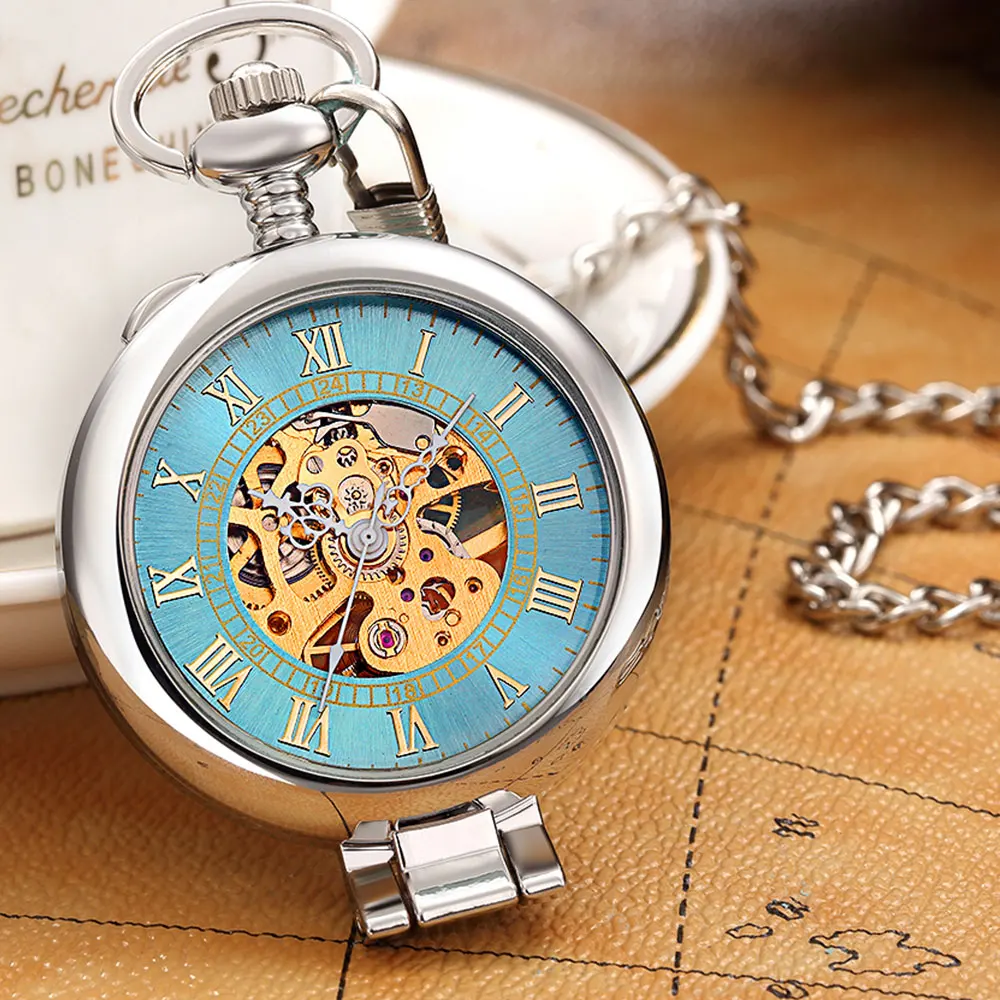Vintage Mechanical Pocket Watch Roman Dial Hand Winding  Hollow Skeleton Steampunk Clock Full Steel Pocket Watch Chain Gifts