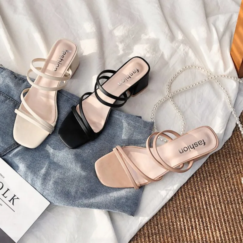 

2021 Summer Sandal Slippers Women Square Toe Low Heel Ladies Shoes High Heel Women's Sandals Size 34-42 Sapato Feminino