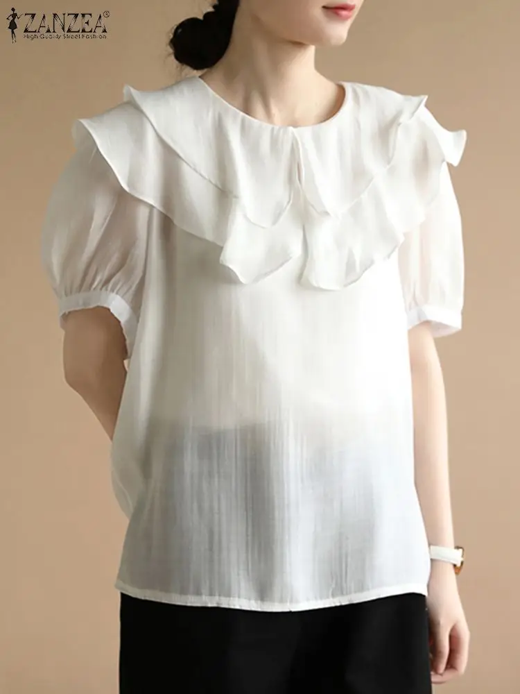 

Блузка ZANZEA женская с коротким рукавом, модная Повседневная Свободная рубашка с оборками, однотонная туника, большие размеры, лето 2022