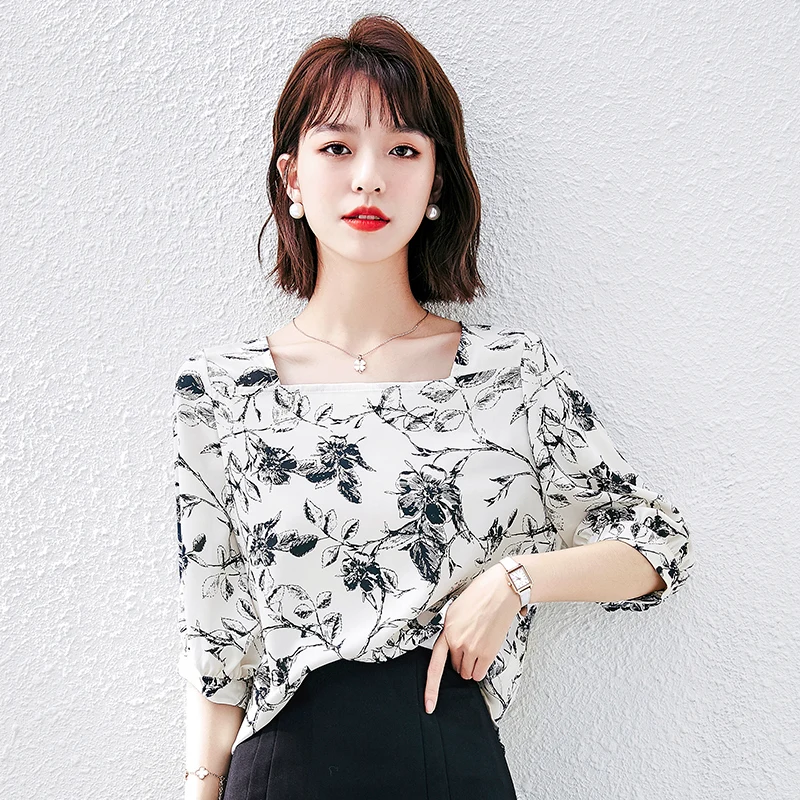 

Женская блузка с принтом, шифоновая Свободная рубашка, летний модный Повседневный Топ с коротким рукавом, женская одежда в Корейском стиле, ...