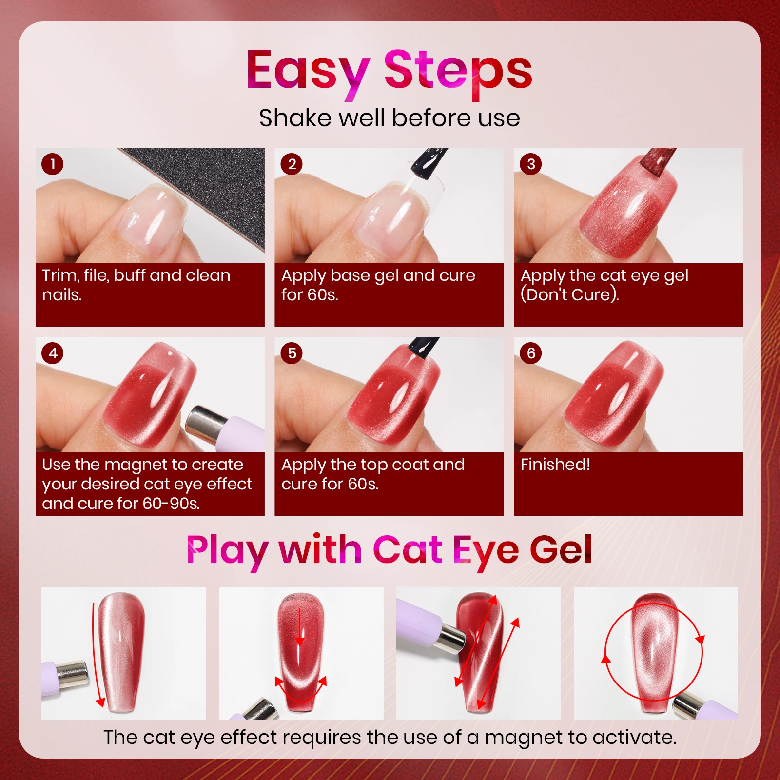 MIZHSE Soak Off Гель-лак для ногтей кошачий глаз 12 мл Полуперманентный лак Rose Red Smooth Crystal
