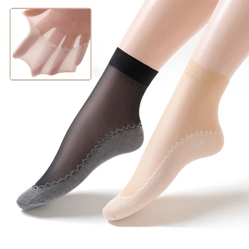 10 Pairs Summer Women Socks Casual Fashion Non-slip Black Grey Cotton Bottom Stitching Breathable Thin Nylon Women's Stockings