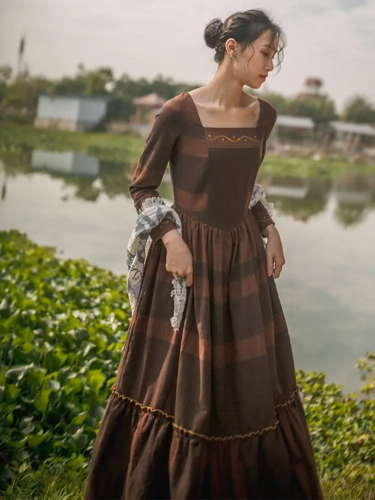 Spring Autumn Women Romantic Medieval Vintage Prairie Style Slim Cotton Linen Striped Dark Brown Maxi Dresses