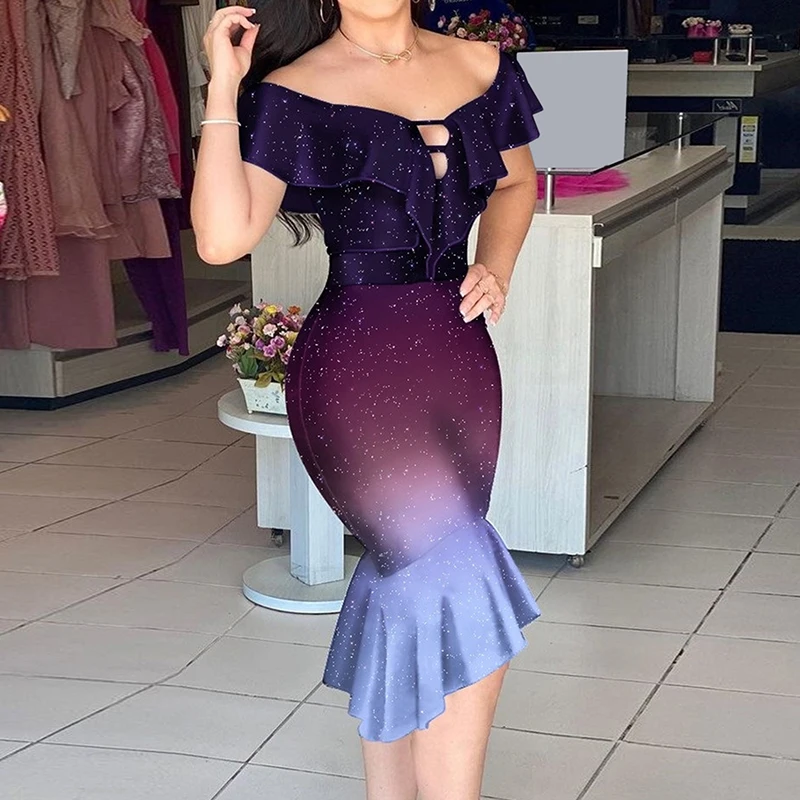 

Women Summer Sexy Dresses Off Shoulder Sheath High Waist V Neck Dress Ruffles Sorts Sleeve Female Dress