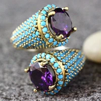 vintage gold color beaded opening ring for women girls punk gothic party retro purple jewelry gift whole sale