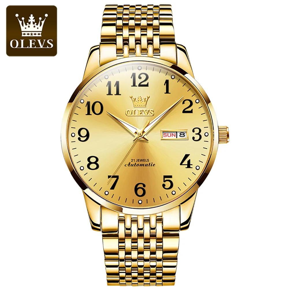 OLEVS Men's Automatic Watch Mechanical Waterproof Stainless Steel Fashion Big Number Wrist Watches Golden Luxury Watch For Men