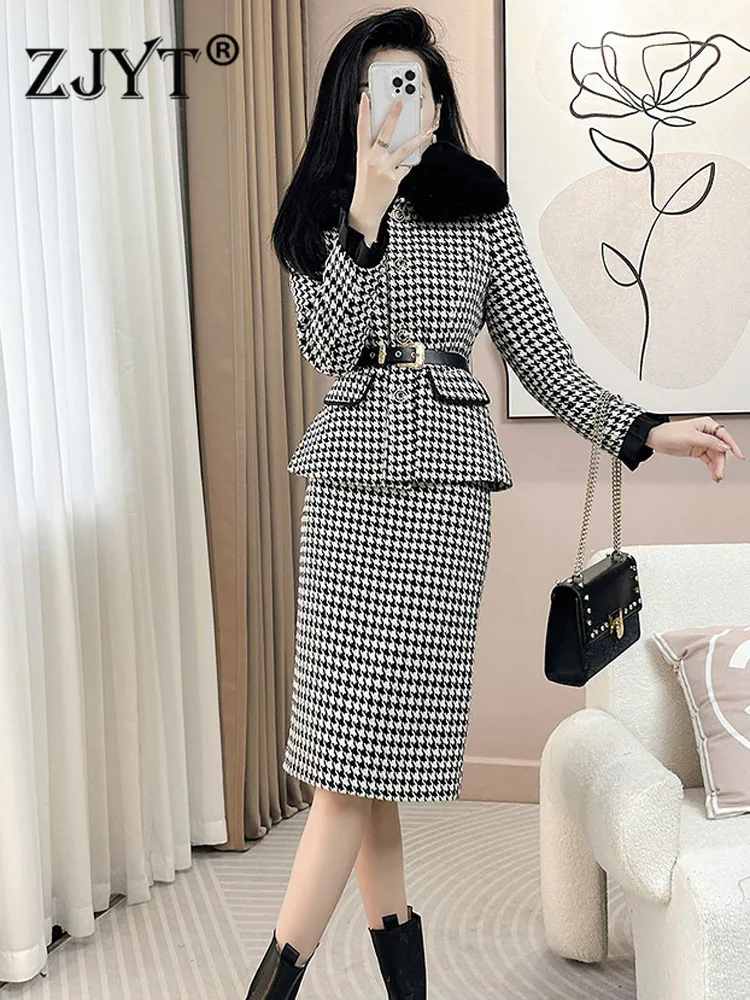 

ZJYT Women Two Piece Dress Set Winter Designer Luxury Fur Collar Tweed Woolen Jacket and Skirt Suit Vintage Outfits Office Party