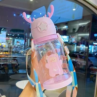 600ml childrens water bottle summer antlers cute strap straw cup cartoon plastic cup for men and women large capacity kettle