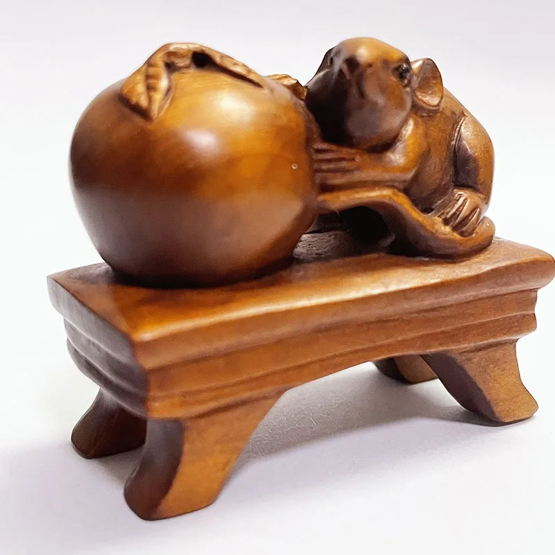 

2 INCH Japanese Boxwood Hand Carved Netsuke Sculpture Miniature Mouse Eatting Peach on Stool