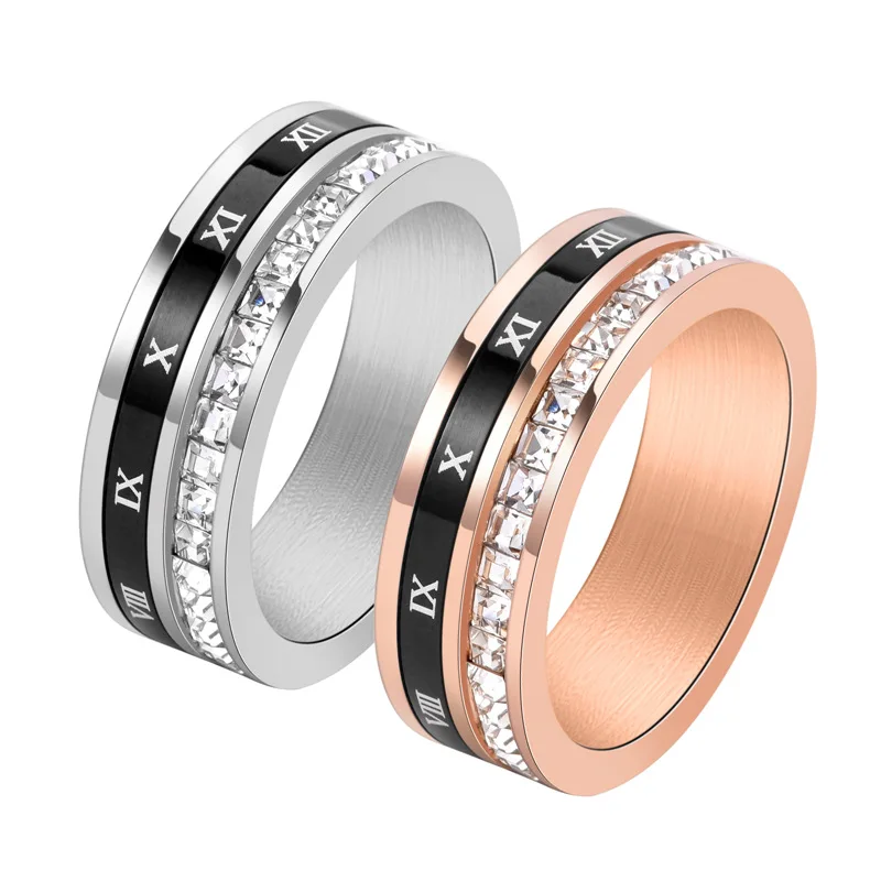 

New Rings Fidget Spinner Rotate Fashion Roman Number Engrave Zircon Stones Stainless Steel Jewelry Unisex Silver Rose Gold