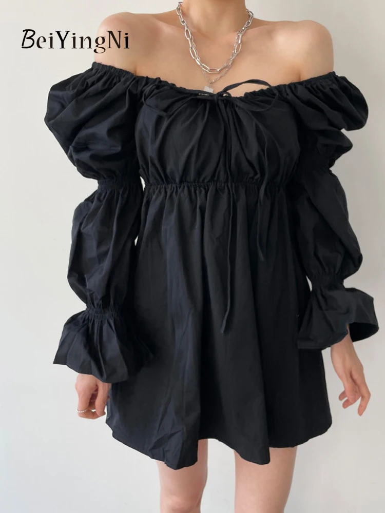 

Beiyingni Korean Chic Puff Sleeve Mini Dress Women Lace-up Vintage Ruched Sexy Fashion Short Dresses Female French Black Vestido