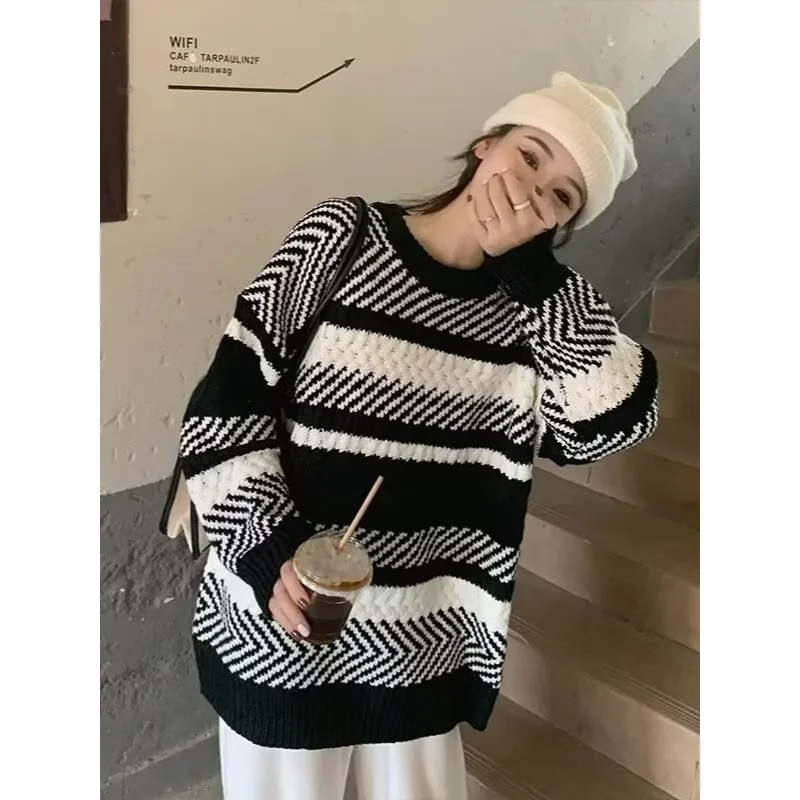 Осень-зима 2023 новый стильный женский полосатый свитер свободный пуловер верхняя