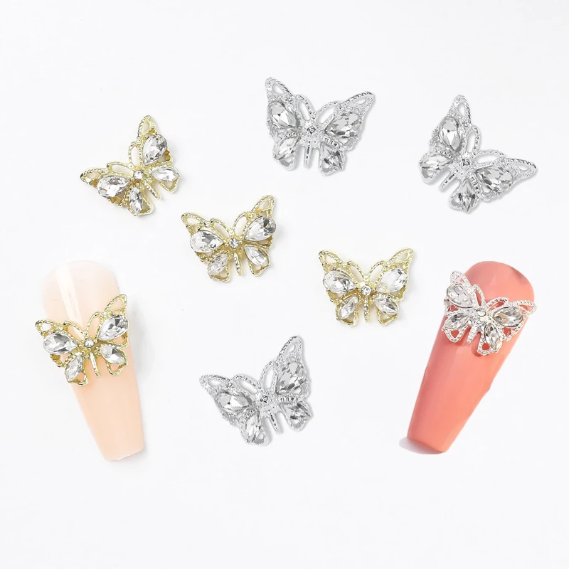 

10pcs 3D Luxury Gold Silver Metal Alloy Butterfly Nail Charms Rhinestones Nails Art Decoration Maincure Accessories