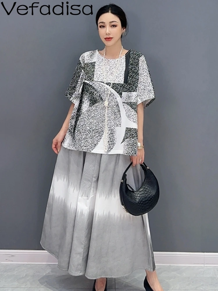 

Vefadisa 2023 Summer New Women Print Loose Top Casual Half Skirt Personalized Casual Trendy Girl Cute Black Matching Sets ZY1575