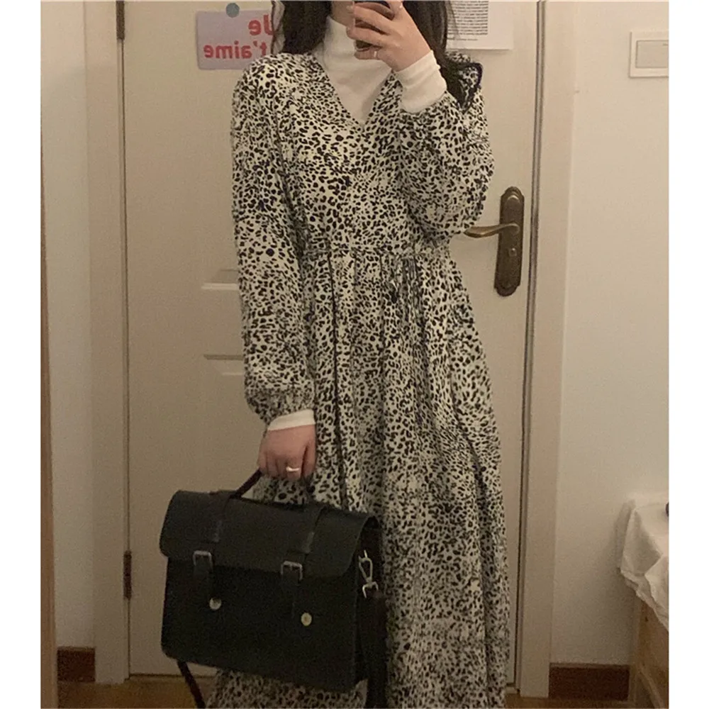 

Women's Dress Japan Korean Leopard Print Long Skirt Chiffon Dress Waist Slim Temperament Skirt Autumn Spring Ladies New 2022