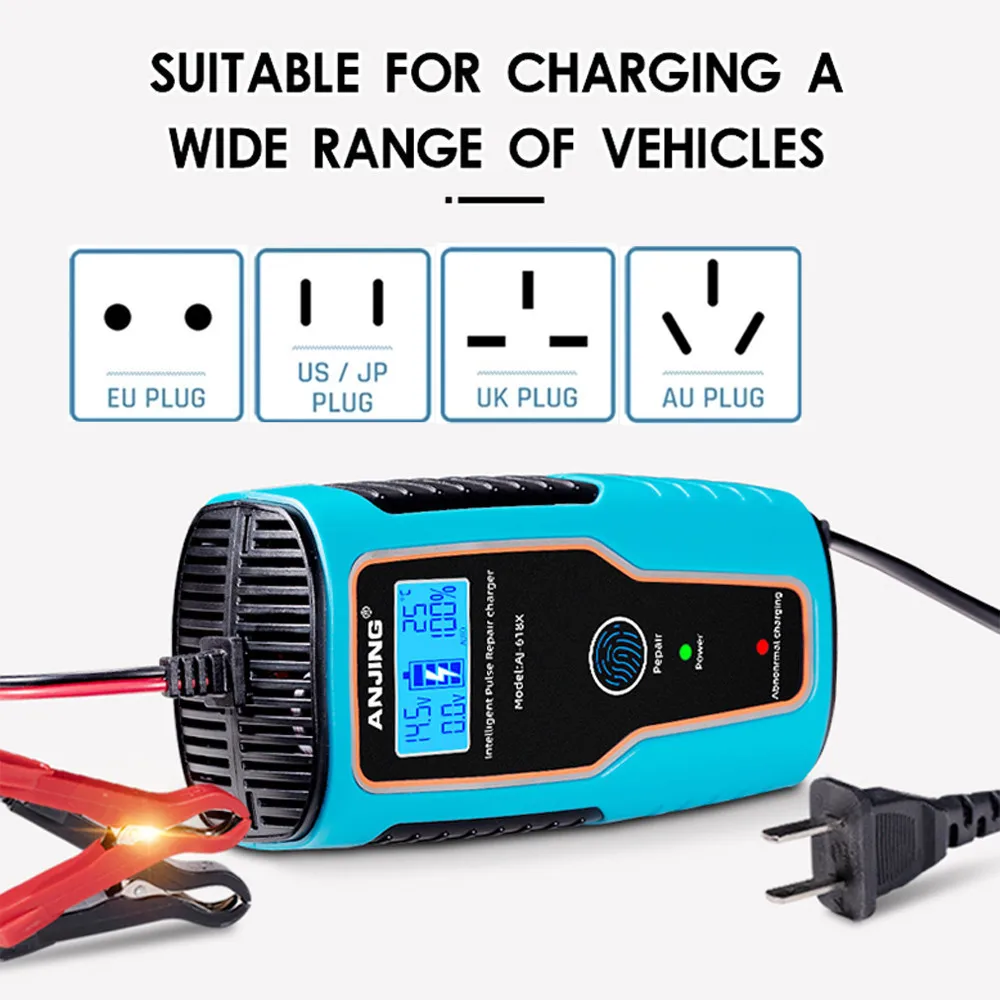 12V 6A 100AH Car Battery Charger Pulse Repair 100V-250V Automatic Charger For Car Motorcycle Repair Power Puls Wet Dry Lead Acid