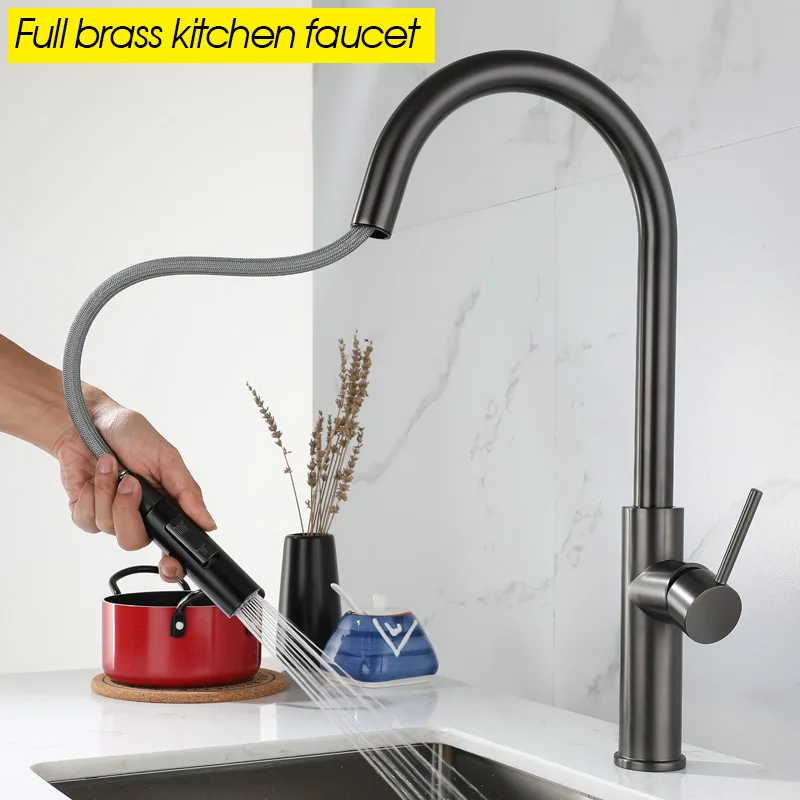 

ULA Pull Out Spout Kitchen Faucet Brass Sink Faucet Stream Deck Hot Cold Water Mixer Faucets 360 ° Rotate Kitchen Gold Tap