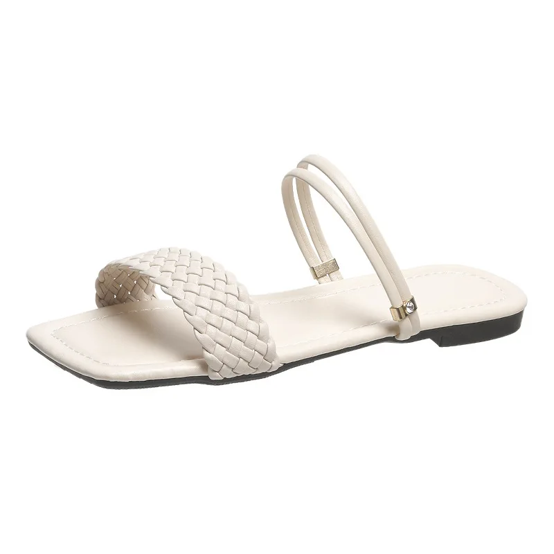 

Women Sandals New Buckle Strap Weave Ladies Solft Indoor Shoes Flat Square Toe Plus Size Female Footwear Outdoor Summer Slippers