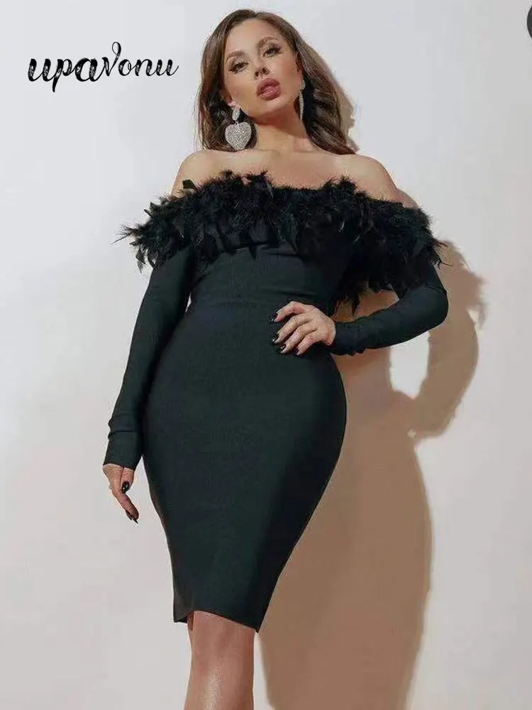 Sexy Women Feather Design Bandage Dress 2022 Autumn Dress One Shoulder Long Sleeve Bodycon and Knee Dress Evening Party Vestidos