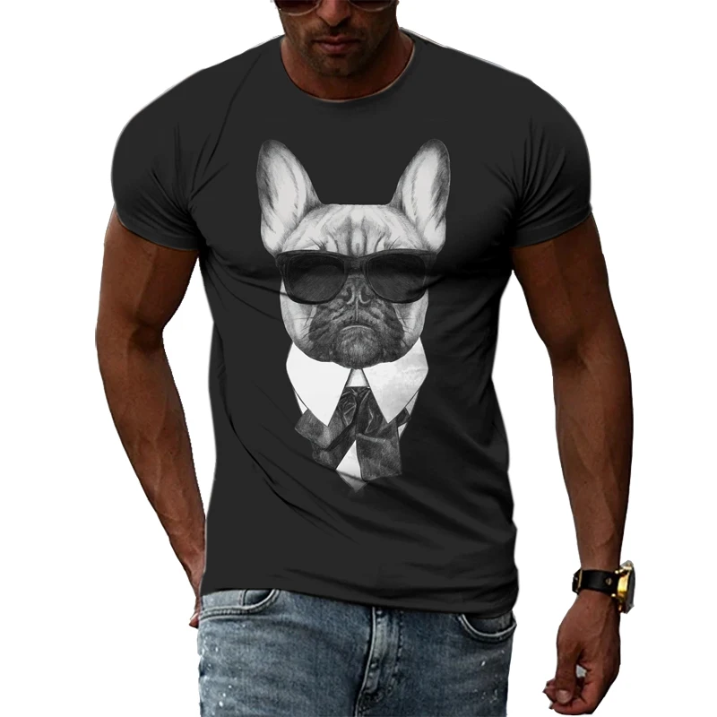 

Personality black and white fashion animal dog print top Casual trend 3D printed street O collar men's summer T-shirt
