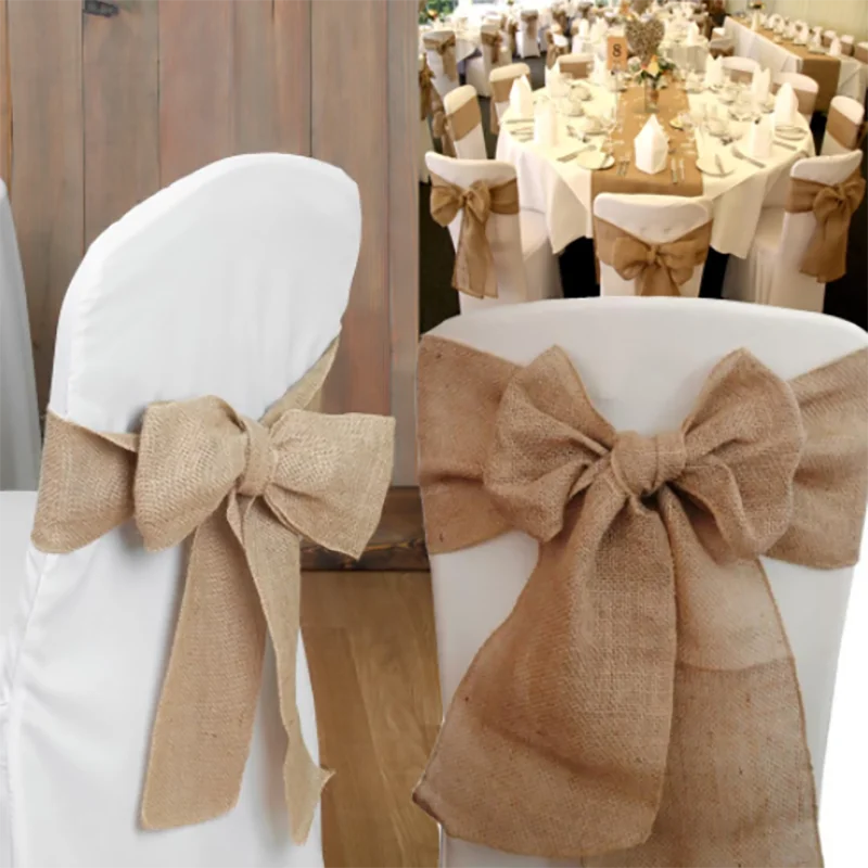 

25pcs Natural Vintage Burlap Chair Bow Sash Jute Chair Sash Ties For Wedding Party Event Decoration