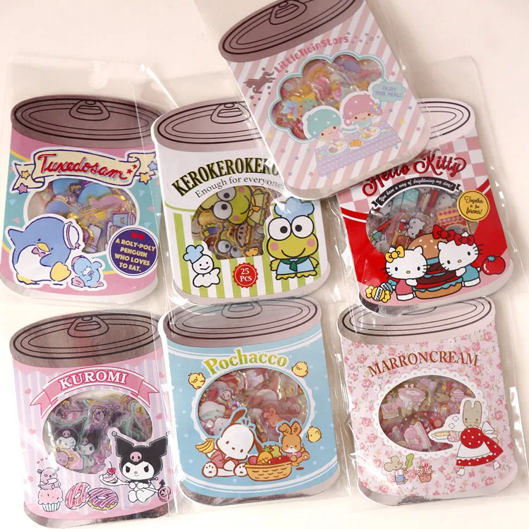 

New Sanrio Hello Kitty Cute Gemini Big-eyed Frog Little Devil Pacha Dog Cartoon Canned Sticker Pack Diy Glue Crystal Sticker