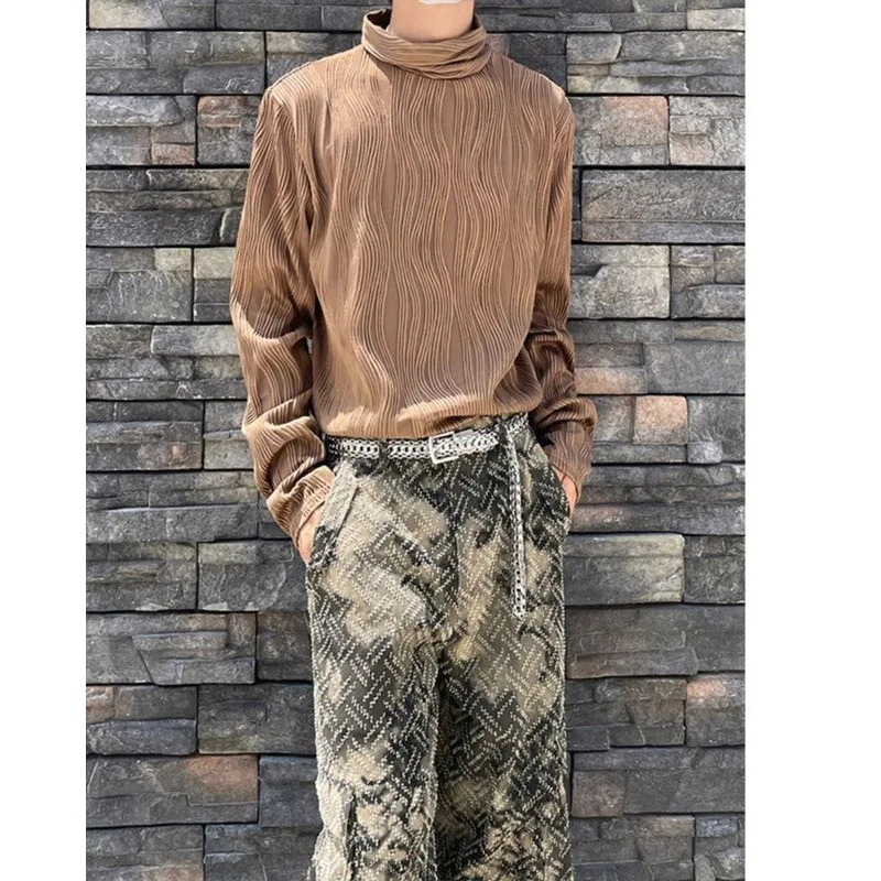 

Autumn and Winter Pleated Stripe High Neck Underlay Shirt Men's Korean Version High Grade Casual Pullover Long Sleeve T-shirt