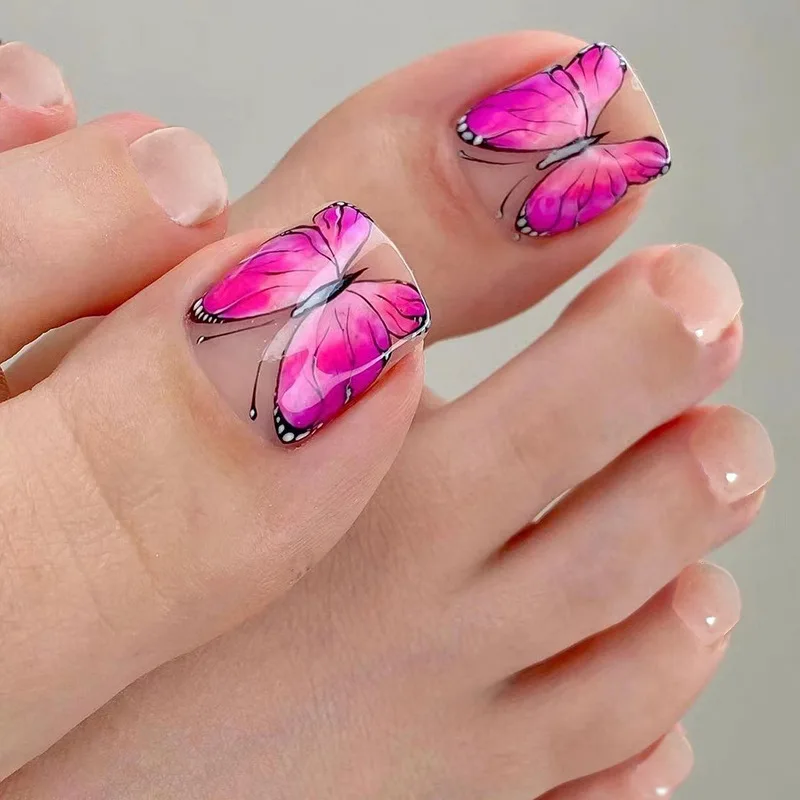 

24Pcs/Box Fake Toenails Pink Butterfly False Toe Detachable Press On Toenails Acrylic Manicure