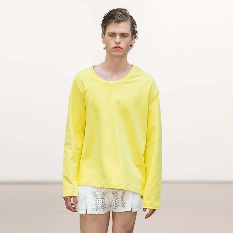 

Men's Bright Yellow Long Sleeve Casual T-Shirt Fashion Trend Asymmetric Collar Round Neck Large Size Youth Slim Bottomed Shirt