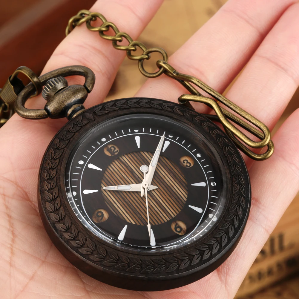 New Pocket Watch with Chain Ebony Wood Gifts for Men Women Vintage Black Wooden Quartz Pocket Watch Fob Clock Relógio De Bolso