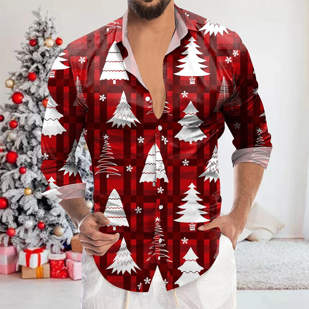 

Christmas Print Button Down Shirts, Formal Dress Up for Men, Long Sleeve Casual Fit, Collared Neckline, Soft Polyester Fabric