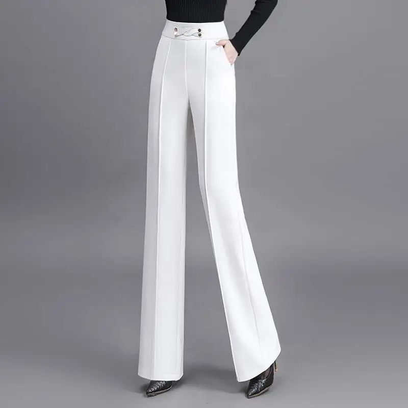 

2022 Women High Waist Flare Pants Spring White Wide Leg Pants for Loose Workwear Office Lady Female Black Trousers K57