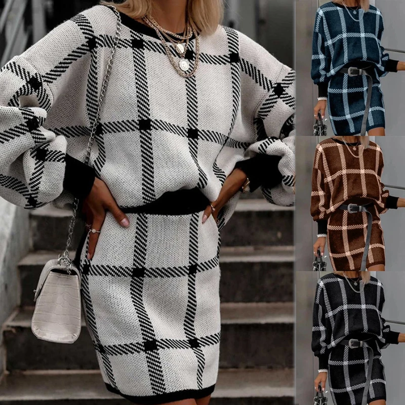 

Lady OL Style Plaid Striped Dresses Suit Spring Autumn Long Sleeve Round Neck Loose Pullover Knitted Midi Dress 2Pcs Women Sets
